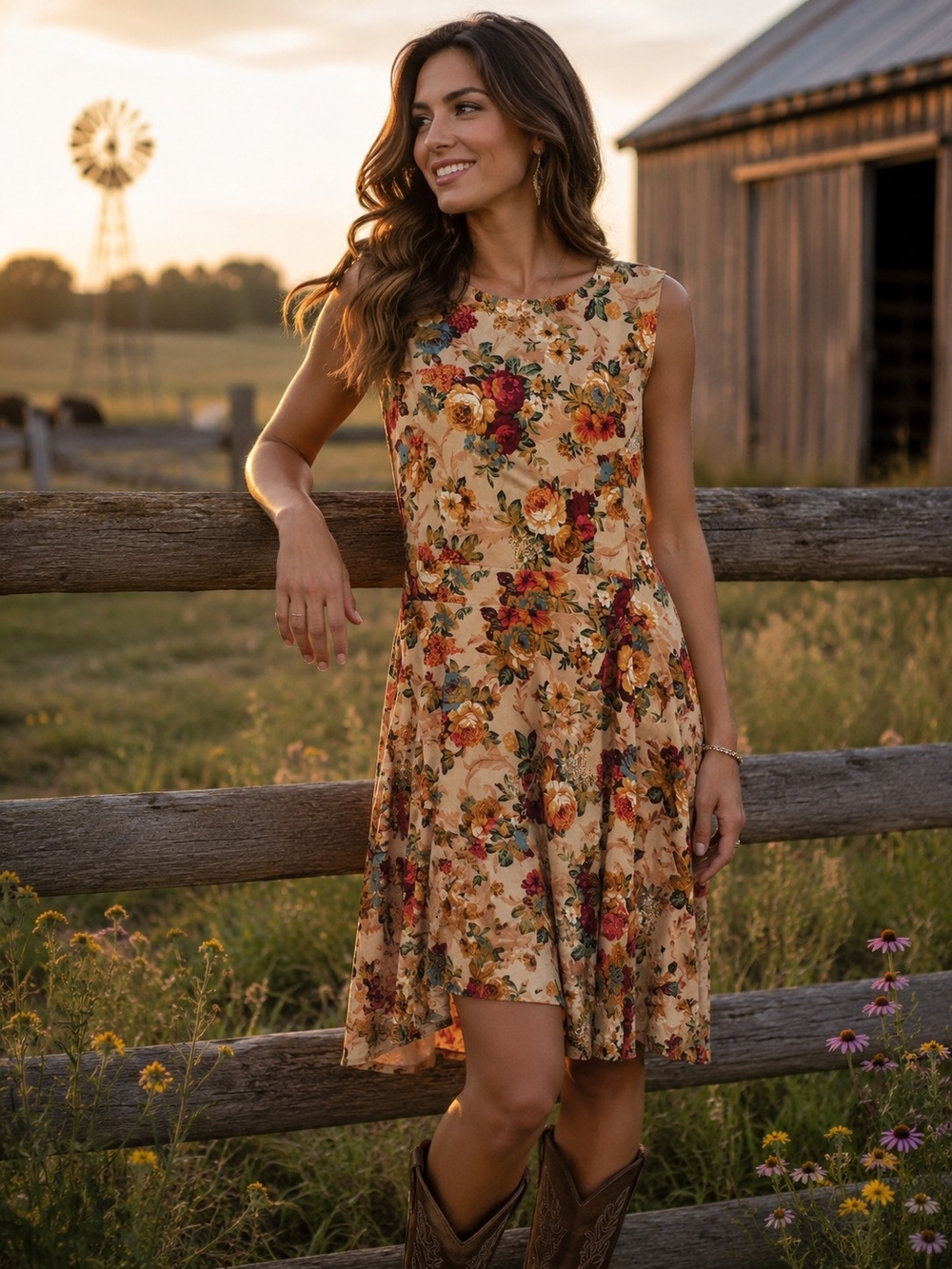 Floral Sleeveless A-Line Dress in Mustard